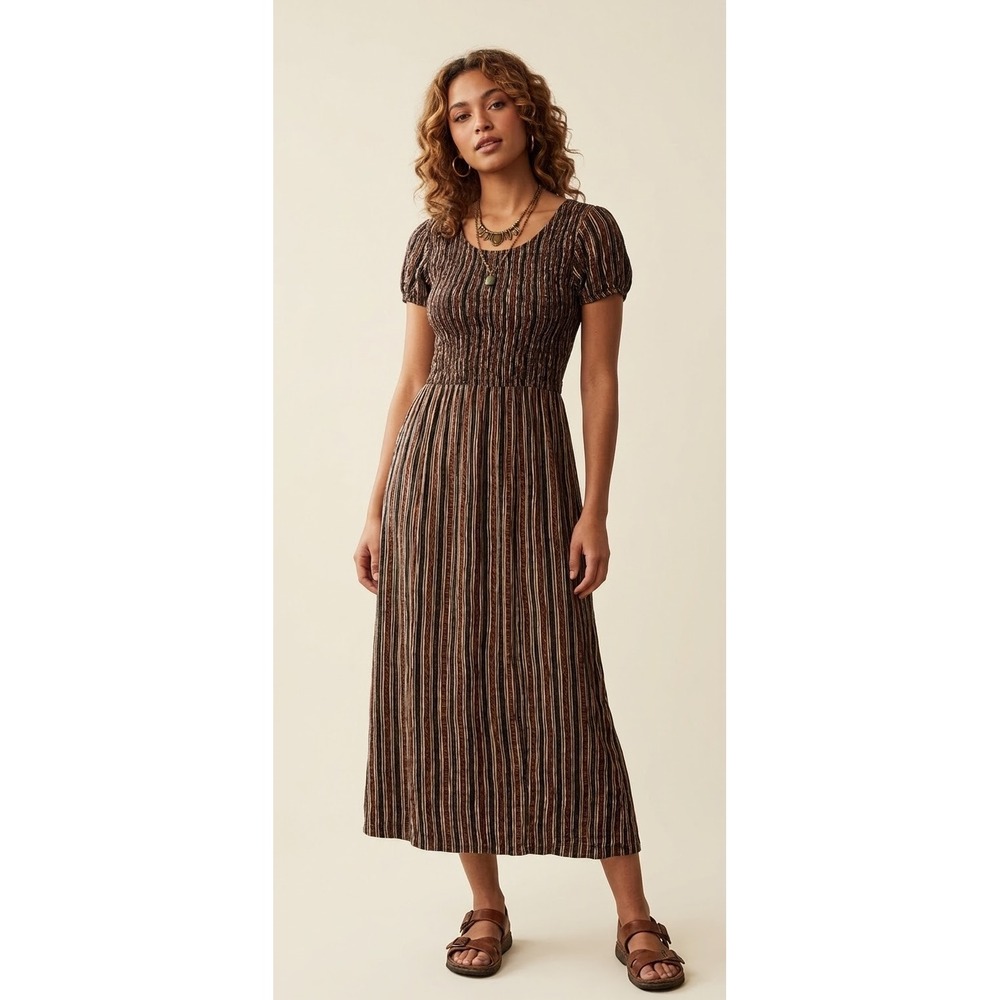 My Michelle Maxi Dress 5/6 Small Brown Vintage 90s Smocked Striped Boho Y2K